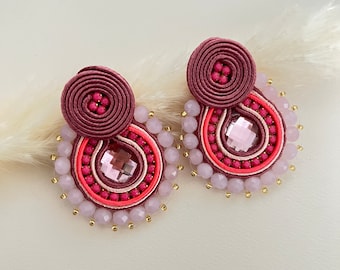 Pink Statement Soutache Earrings for Woman, Elegant Soutache Earrings, Flirty Pink Oversized Earrings, Wedding Earrings, Prom Gown Earrings