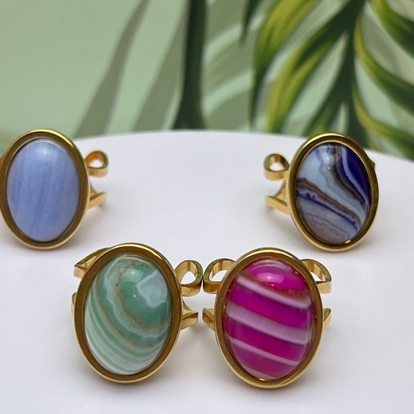 Stripped Agate Oval Statement Rings, Pop-of-Color Boho Chic Rings, Trendy Artsy Hippie Chic Rings, Stylish Bohemian Rings, Classic Rings