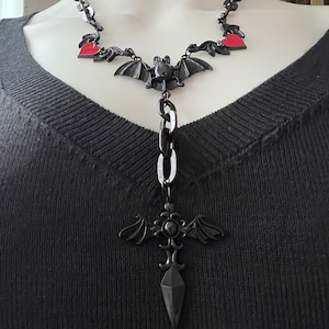 Black Vampire Bat Layered Necklace: Gothic Emo Stainless Steel