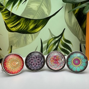 Colorful Mandala Statement Rings, Oversized Adjustable Rings, Trendy Boho Round Rings, Large Hippie Chic Rings, Stylish Pop of Color Rings
