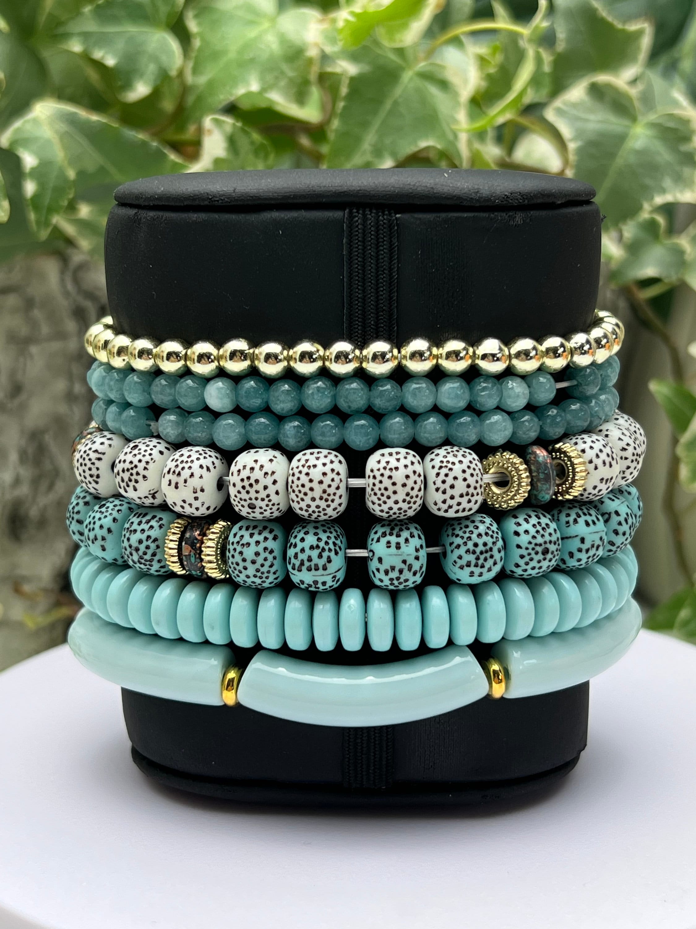 Blue Boho Chic Bead Bracelet Set, Trendy Stylish Stacked