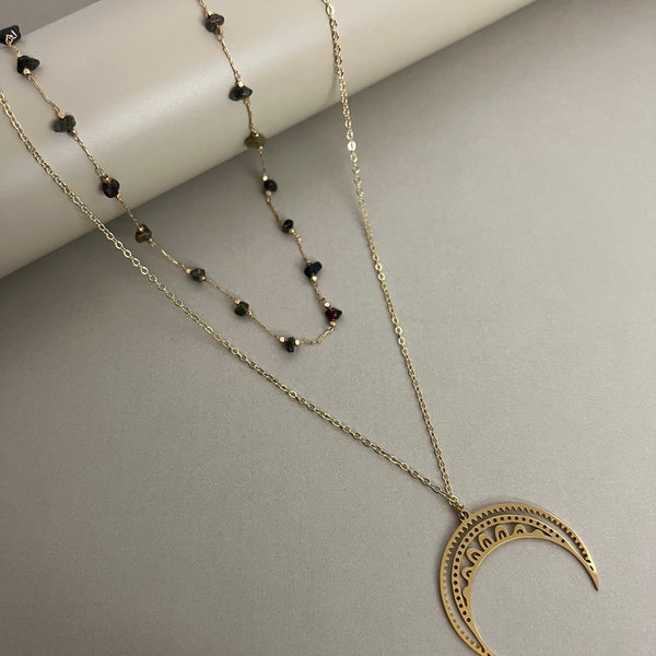 Delicate Moon Layered Gold Necklace - Multi-Chain Boho Necklace Set - Elegant Celestial Necklace Set -  Stylish Moon Necklace Set