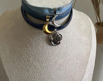 Retro Witchy Chic Moon Pendant Choker: Handmade Celestial Jean Ribbon Choker  Necklace