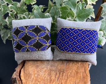 Statement Beaded Bracelet Cuff, Blue Handmade Bracelet, Beaded Wide Bracelet Cuff, Boho Chic Bracelet, Seed Bead Trendy Bracelet