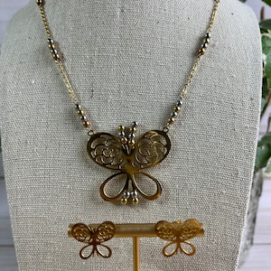 Butterfly Charm Necklace with Matching Earrings for Women, Gold Butterfly Necklace, Tri Color Metal Butterfly Necklace Set, Gift for Her