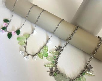 Spring Meadow Floral Fairycore Coquette Charm Necklace: Crystal & Dragonfly Chunky Charm Necklace