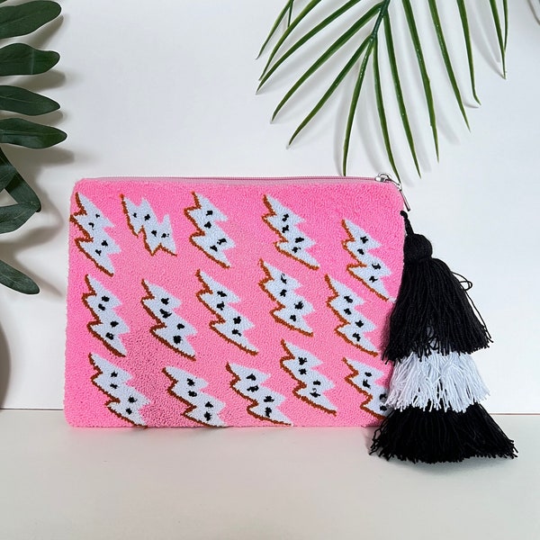 Pink Tablet/iPad/eReader Sleeve, Hand Knit  Tablet Sleeve Cover, Handmade Lighting Bolt Clutch Bag, Wayuu Luggage Bag, Funky Cosmetic Bag