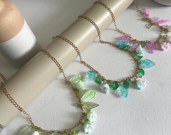 Handmade Fairycore Flowers & Leaves Charm Necklace: Cutesy Cottagecore Necklace
