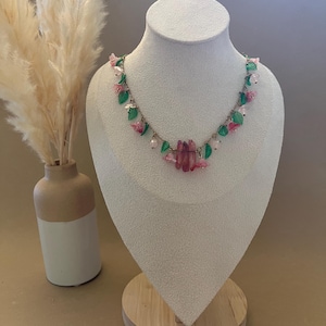 Romantic Cottagecore Charm Necklace, Fairycore Flower Charm Necklace, Flirty Floral Necklace, Pink Boho Crystal Necklace, Coquette Necklace