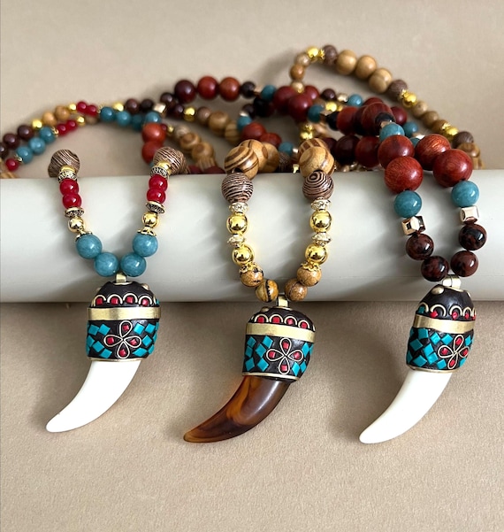 Collier Vintage En Grosses Perles Imitation Corne - Marron - Occasion Très Bon état
