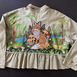 Upcycled Cottagecore Jacket: Hand-Painted Fox & Mushroom Design - Boho Artsy Style
