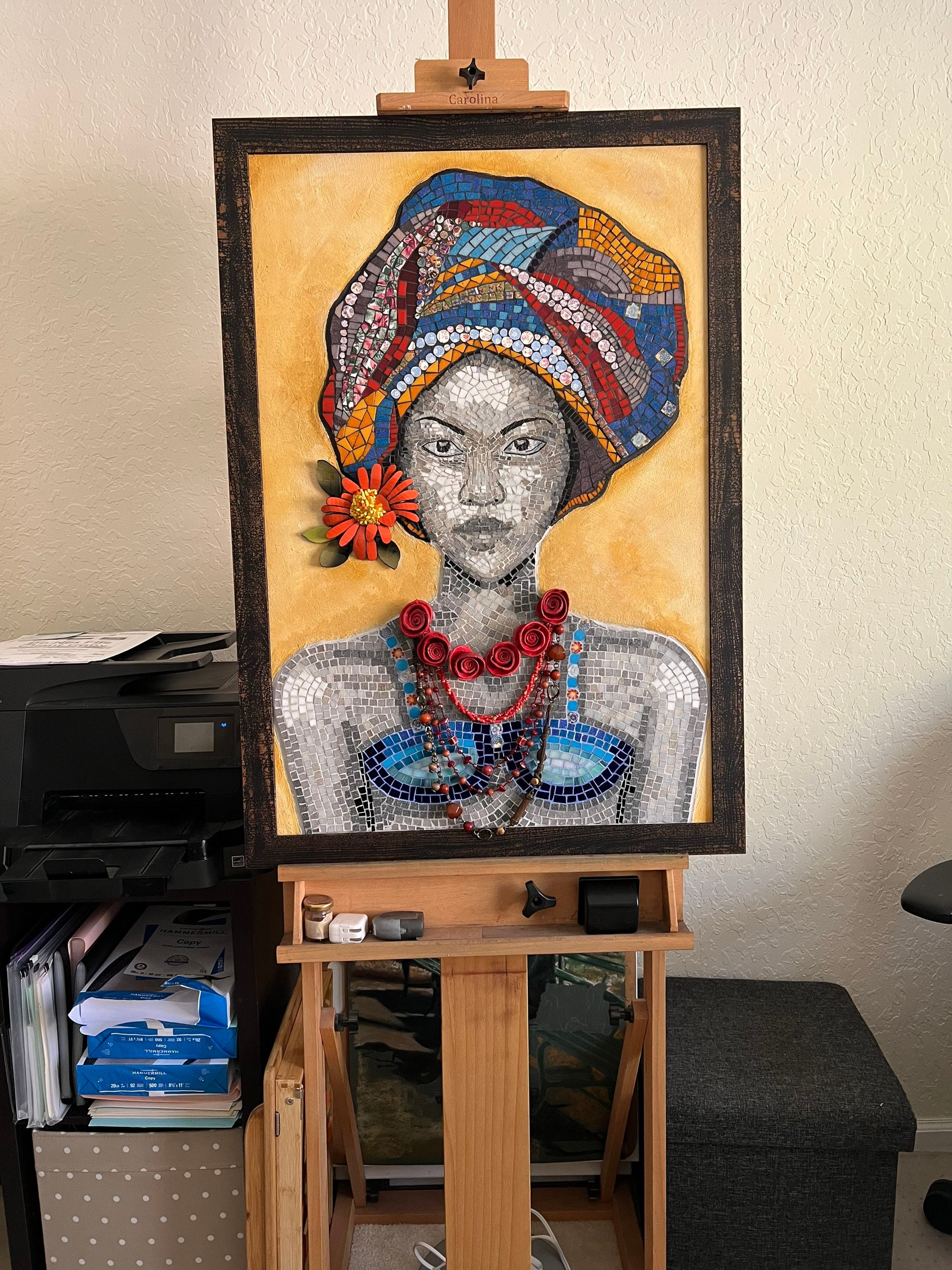 Large Mosaic African Woman Framed Wall Art Unique Colorful