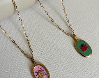 Whimsical Ladybug & Scarab Pendant Necklace: Stainless Steel Retro Quirky Necklace