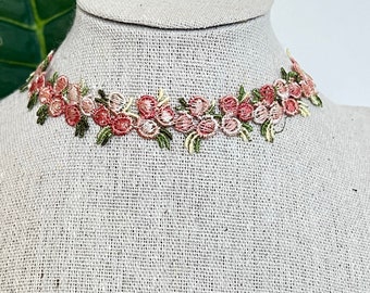 Handmade Embroidery Flower Choker, Lolita Cottagecore Coquette Necklace