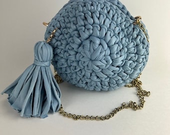 Handmade Crochet Shoulder Bag: Light Blue Round Crossbody with Gold Chain