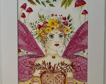 水彩画の妖精プリント：手作りのフェアリーコアアート（9.5x7.5インチ）