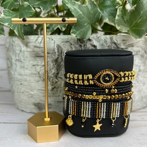 Black & Gold Beaded Stackable Bracelet Set with Evil Eye Earrings