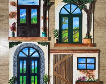 Fairy Door Art - Handgemaakt kleireliëfschilderij: uniek muurdecoratie deuropening Architecture