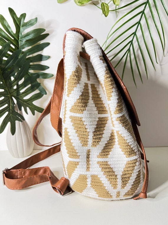 Unbranded Faux Leather Removable Hand Strap Boho Backpack Bag EUC OS Handwoven Boho Backpack: Geometric Acrylic, Faux Leather - Etsy main image 3
