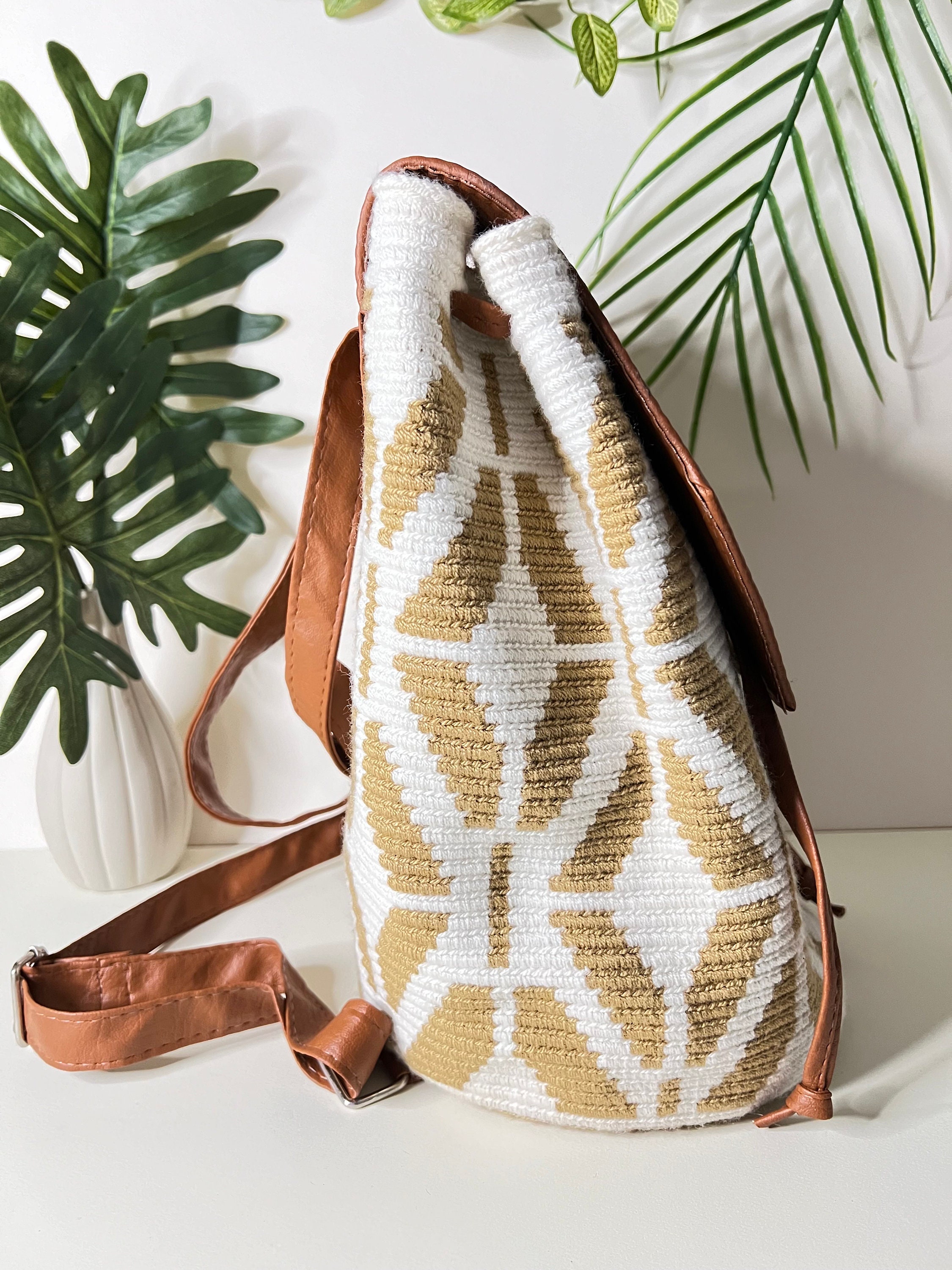 Handwoven UNIQUE BATIK Rustic BOHO Leather Backpack Aztec Inspired Vegan Tooled Leather Backpack in Wildlife  main image 2