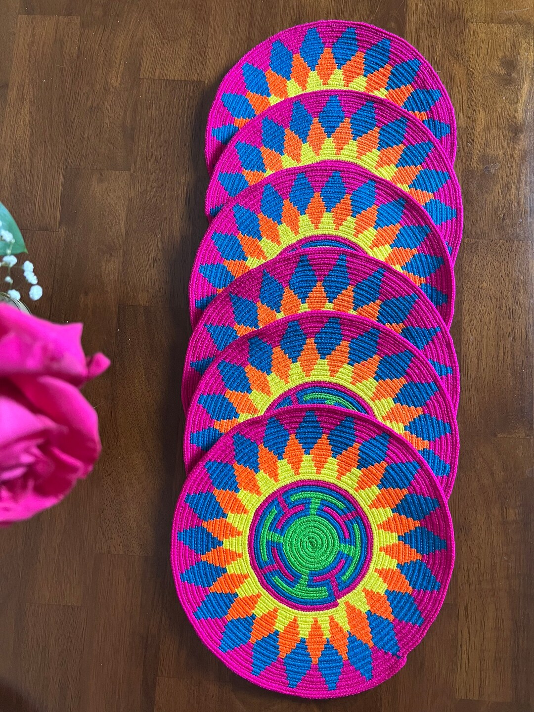 Retro Colorful Placemats Handmade Hand Knit Pink Placemats Etsy