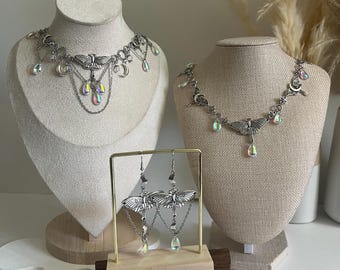 Handmade Moon & Moth Statement Necklace Choker: Esoteric Whimsigoth Necklace with matching Earrings