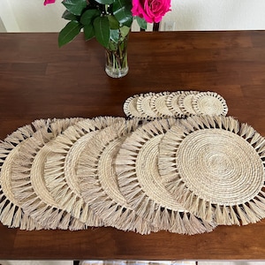 Fringe Placemat Set with Matching Coasters, Round Rattan Placemats, Straw Summer Placemats, Boho Placemats, Table Decor, Table Accessories