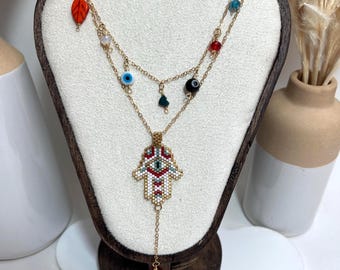 Layered Miyuki Evil Eye Necklace: Gold-Plated Boho Hamsa