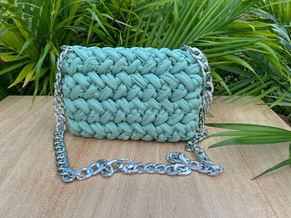 Mint Green Crochet Shoulder Bag: Handmade Knit Bag With  display picture 2