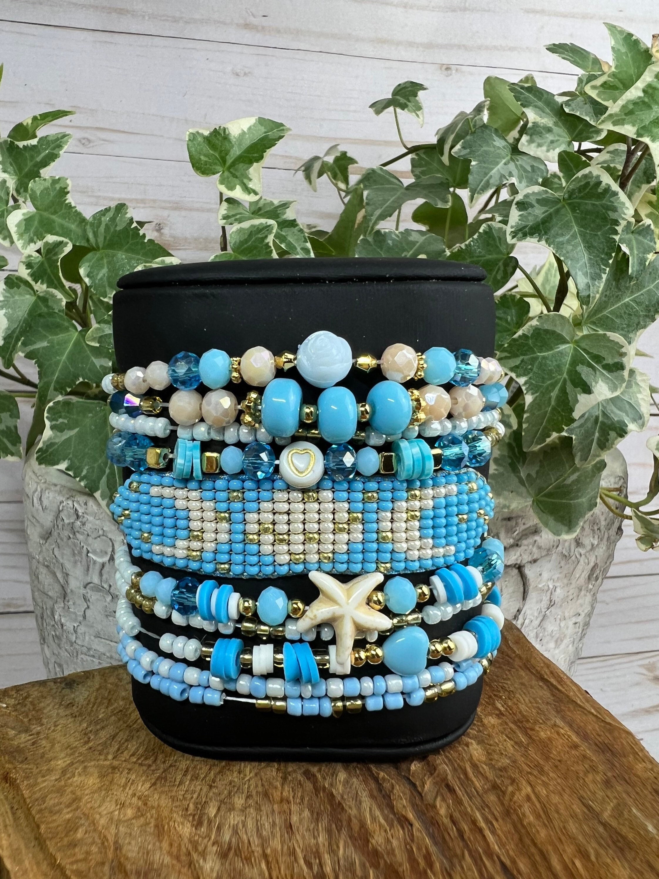 Blue Beaded Stackable Bracelet Set: Boho Moon & Star Charm - Etsy