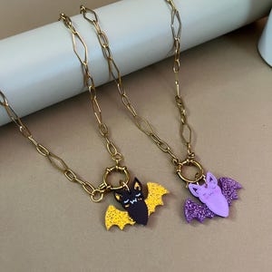 Whimsigoth Vampire Bat Necklace: Gold, Purple & Black - 19&quot;