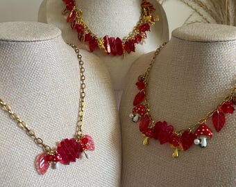 Fairycore Red Woodland Statement Necklace: Crystal Cottagecore Mushrooms & Leaf Necklace