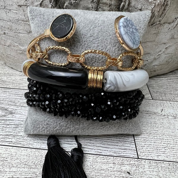 Black & Gold Elegant Bracelet Set, Stylish Boho Chic Stackable Bracelet Set, Evening Sexy Bracelets, Mixed Style Bracelet Set of Four