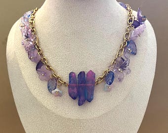 Purple Flowers & Crystal Statement Necklace: Fairycore Princesscore Jewelry