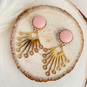 Gold & Pink Art Nouveau-Inspired Dangle Earrings, Stylish Retro Earrings, Unique Trendy Earrings, Flirty Statement Earrings