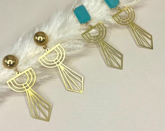 Art Deco Brass Dangle Earrings: Gold Boho Chic, Handmade