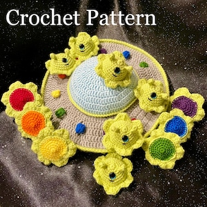 May include: Crochet pattern for a UFO with aliens. The UFO is gray and blue with a yellow rim. There are 8 small aliens, each with a yellow body, green eyes, and a red mouth. The aliens are arranged around the UFO.