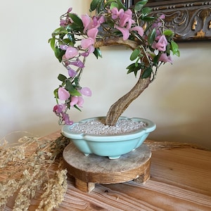 vintage Chinese stone glass bonsai tree in a celadon pot, featuring light pink flowers | free shipping