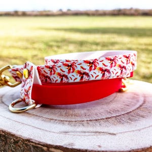 Peut inclure: Une laisse de chien blanche et rouge avec un motif floral et un fermoir en métal doré. La laisse est faite d'un matériau souple et flexible.