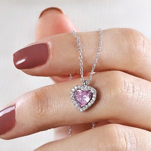 Collar de corazón, collar de plata, collares de corazón de piedra rosa, colgante de corazón de plata, delicado, regalo para ella, collar minimalista