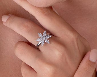 Verstelbare ring met asterbloem, 925 sterling zilver met zirkoon, geboortebloem van september.