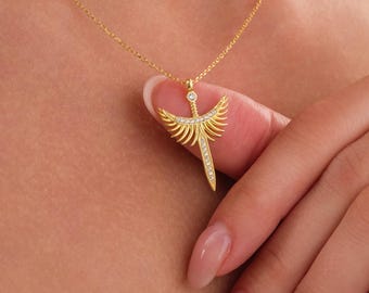 Angel Sword Pendant Necklace, Gold Plated 925 Silver Jewelry Gift for Her, Unique Wing Design Dainty Women Necklace