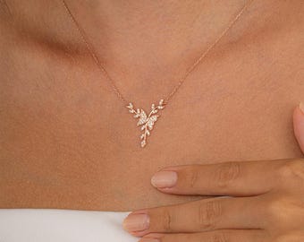 Collana con foglia a farfalla - Argento Sterling 925, placcato oro rosa, ciondolo ispirato alla natura con zircone, regalo elegante per lei, catena regolabile
