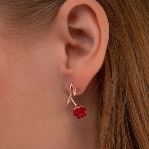 Red Rose Silver Earrings, Handmade Earring, Rose Earring, Birthday Gift, Perfect Earrings For Her, Valentine&#39;s Day Gift, Red Earrings