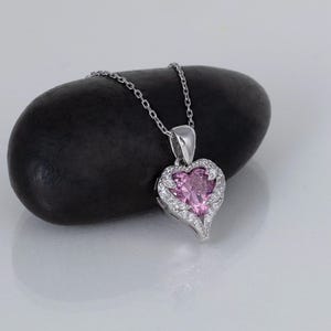 Pink Heart Pendant Necklace, 925 Silver Love Jewelry Gift for Her, Dainty Romantic Charm for Valentine&#39;s Day, Dainty Silver Necklace