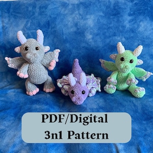 Dragon 3n1 Crochet Pattern, Crochet Amigurumi Pattern, Dragon Plushie, Low Sew Amigurumi, Low Sew Crochet Amigurumi Plushies, Dragon Pattern