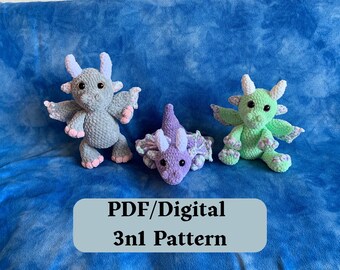 Dragon 3n1 Crochet Pattern, Crochet Amigurumi Pattern, Dragon Plushie, Low Sew Amigurumi, Low Sew Crochet Amigurumi Plushies, Dragon Pattern
