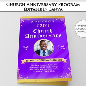 Church Anniversary Program Canva Template, Editable 8 Pages DIY Church Anniversary Bifold Brochure, Printable Church Bulletin Design. TDS-10