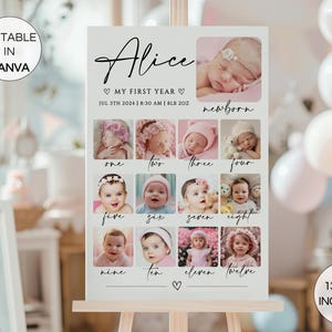 Può includere: Un poster bianco su un cavalletto con foto di un bambino dalla nascita a dodici mesi. Il poster include il nome "Alice", la data di nascita e il peso. Sono visibili anche le parole "My First Year" e "Editable in Canva".