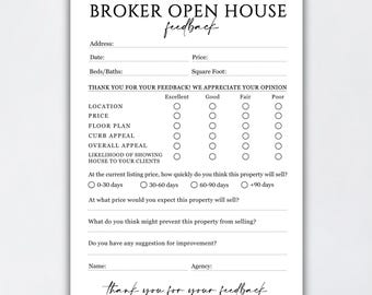 Broker Open House Feedback Form, Real Estate Agent Open House Feedback Form, Realtor Tour Feedback Form, Broker Open Feedback Questionnaire
